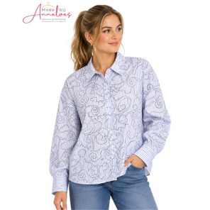 Garcia Blouse streep Borduring bloem Licht blauw